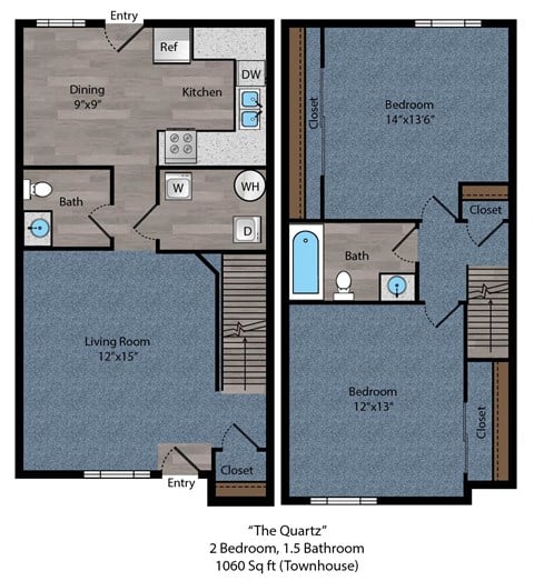 Floor plan for 2 beds, 1.5 baths, 1060 sqft